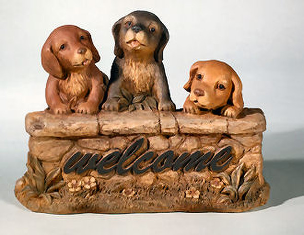 Three Welcome Puppies Hand Painted Statue